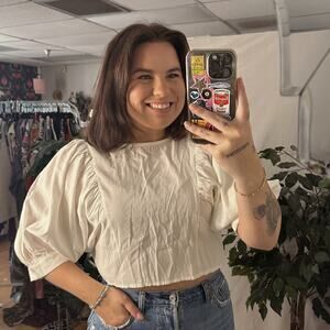 Revolve Endless Rose Bubble Sleeve Cutout Cropped Blouse White Medium